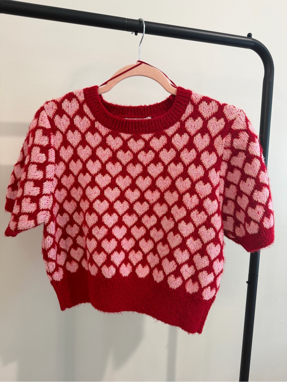 Zara Red and Pink Heart Jacquard Crewneck Sweater